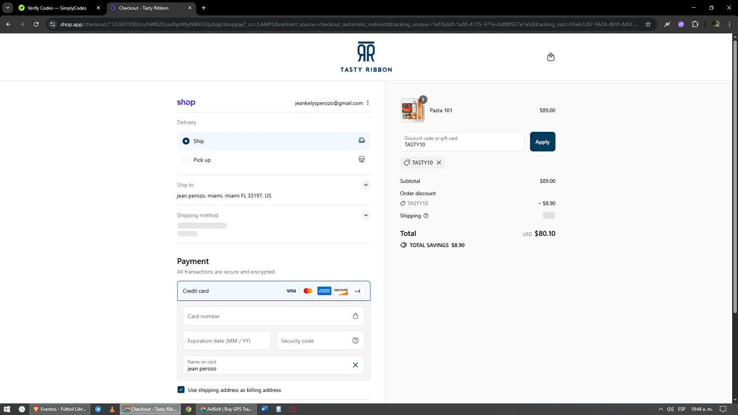 Tasty Ribbon discount code screenshot showing code TASTY10 applied at Tasty Ribbon checkout page. Uploaded by SimplyCodes community member yonaiker on Aug 30, 2025