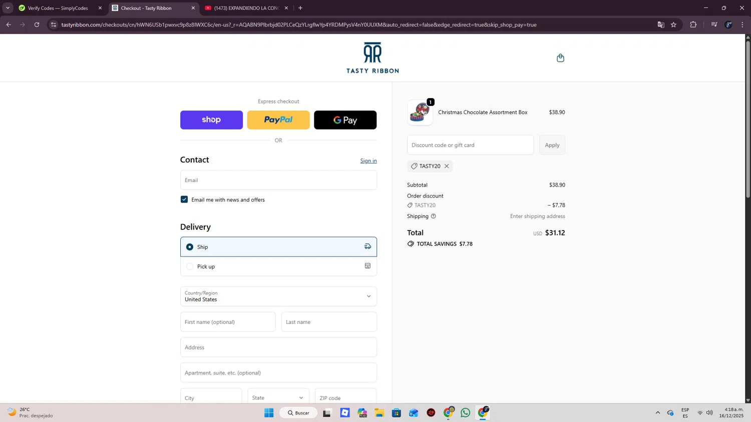 Tasty Ribbon discount code screenshot showing code TASTY20 applied at Tasty Ribbon checkout page. Uploaded by SimplyCodes community member SmartWizard8062 on Dec 16, 2025
