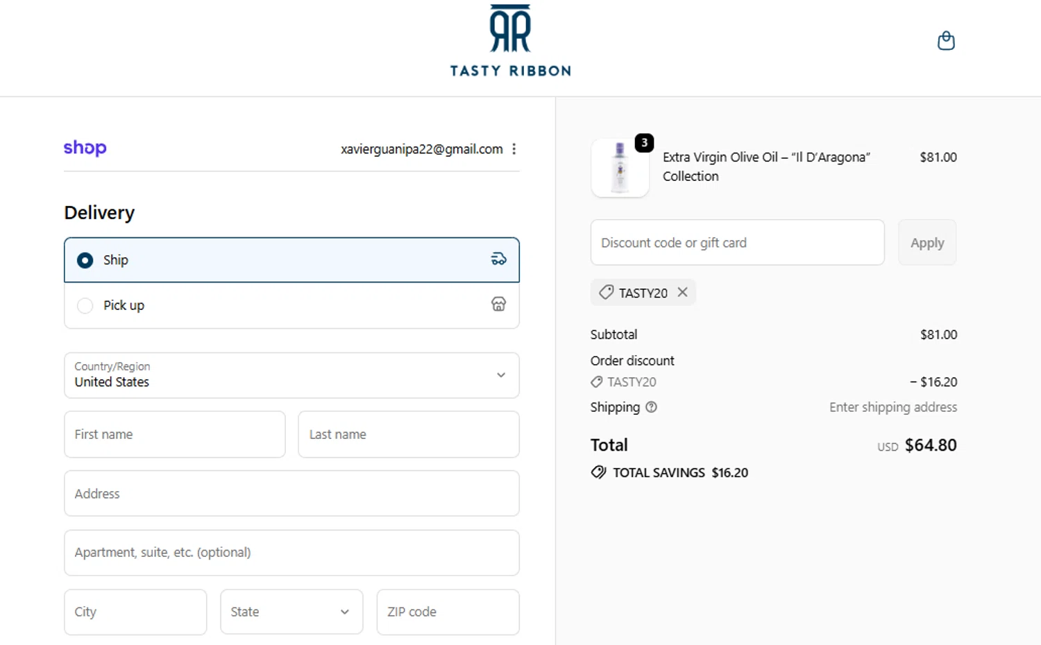 Tasty Ribbon discount code screenshot showing code TASTY20 applied at Tasty Ribbon checkout page. Uploaded by SimplyCodes community member alfock22 on Oct 18, 2025