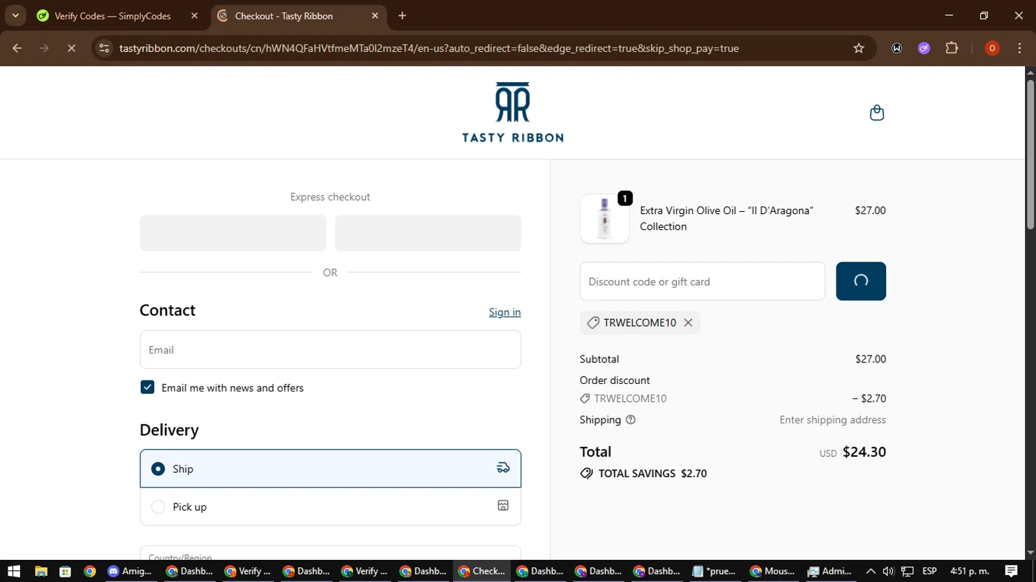 Tasty Ribbon discount code screenshot showing code TRWELCOME10 applied at Tasty Ribbon checkout page. Uploaded by SimplyCodes community member CleverSpotter3730 on Oct 22, 2025