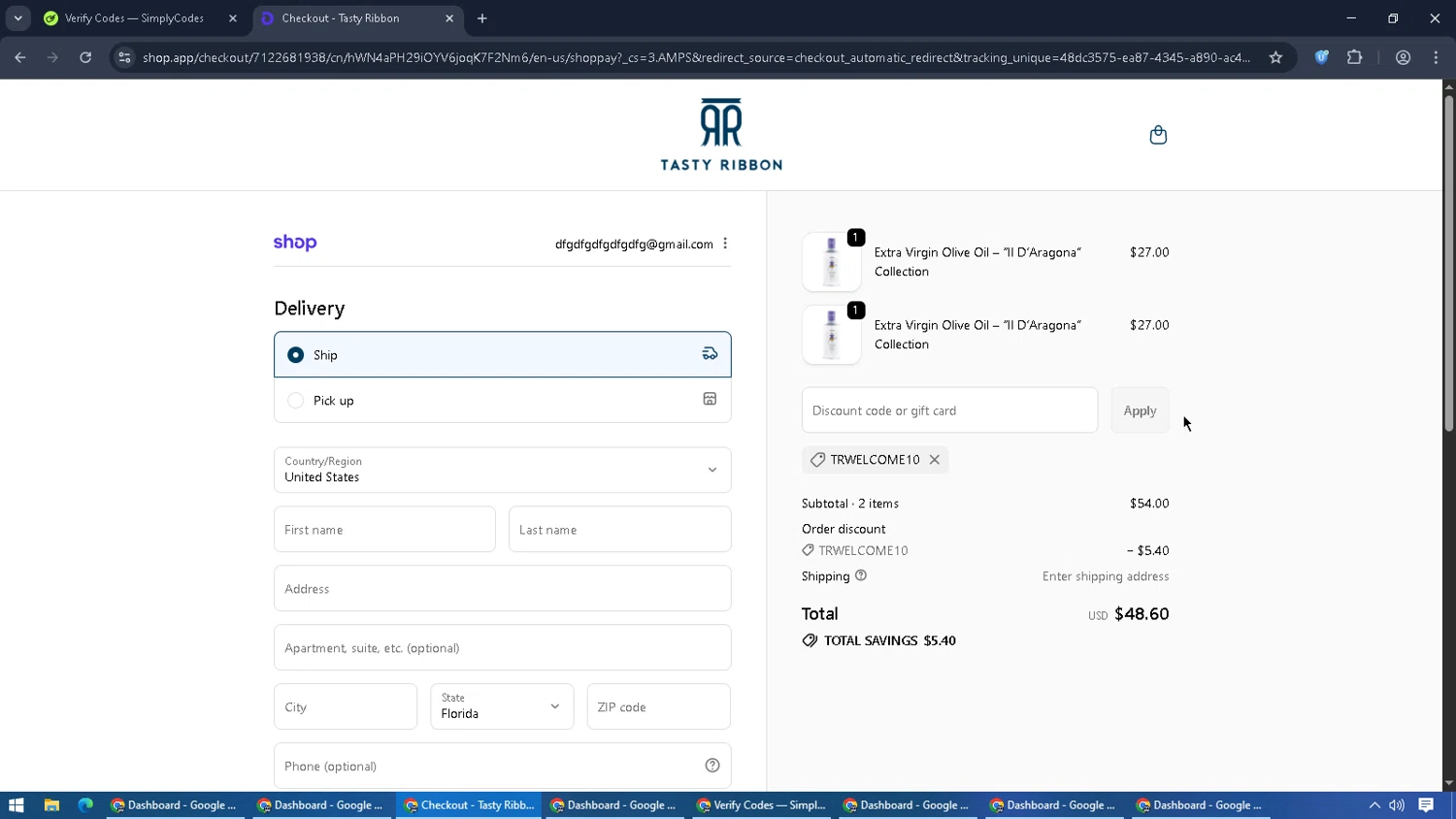 Tasty Ribbon discount code screenshot showing code TRWELCOME10 applied at Tasty Ribbon checkout page. Uploaded by SimplyCodes community member PromoScout874 on Oct 27, 2025