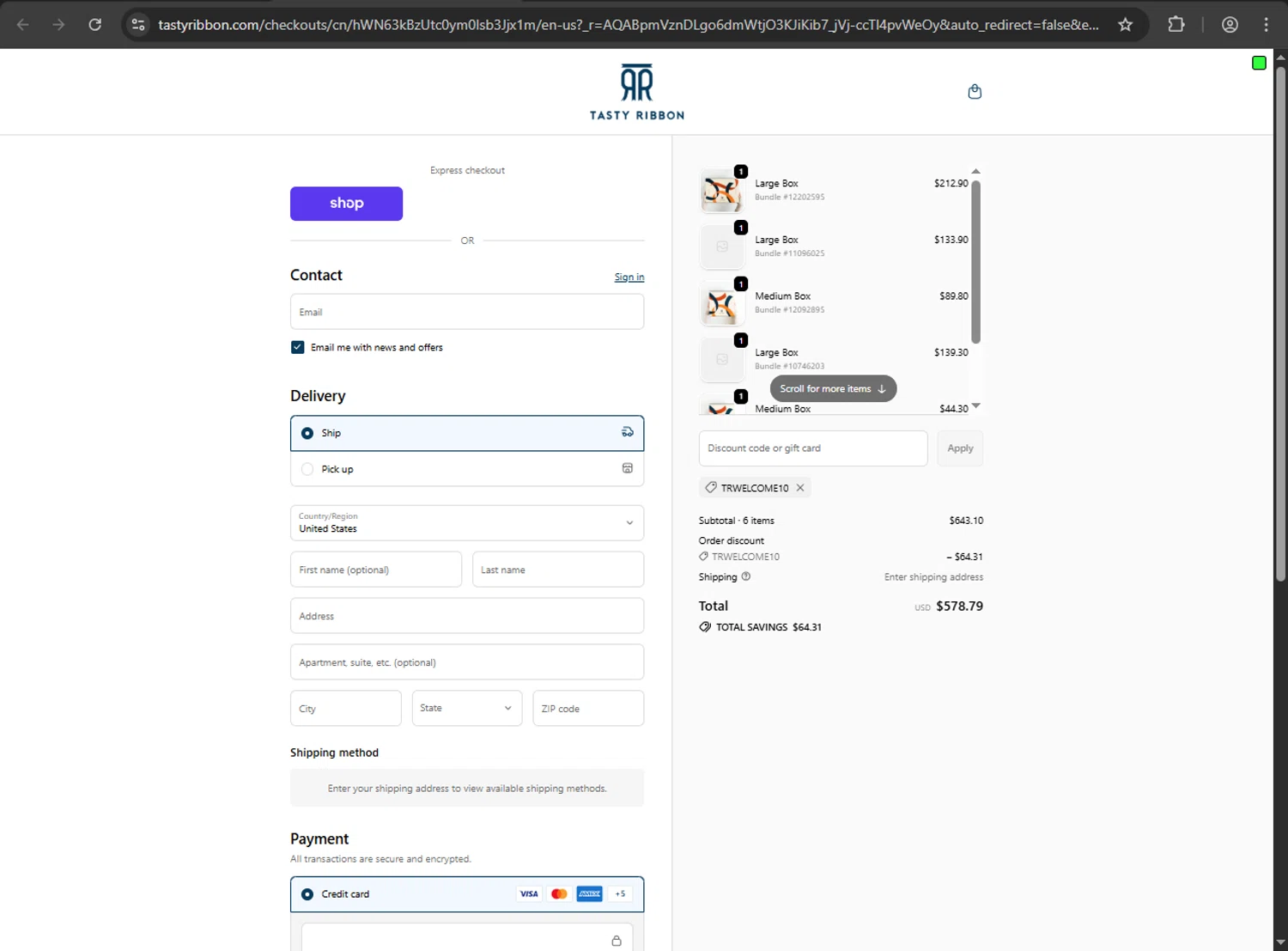 Tasty Ribbon discount code screenshot showing code TRWELCOME10 applied at Tasty Ribbon checkout page. Uploaded by SimplyCodes community member jickselyspolanco on Dec 4, 2025
