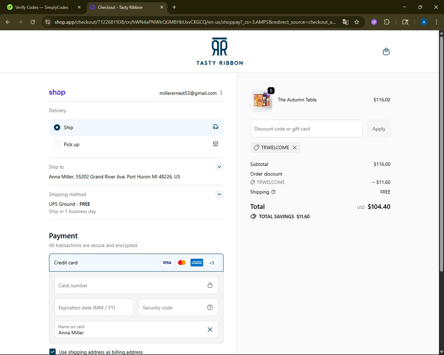 Tasty Ribbon discount code screenshot showing code TRWELCOME applied at Tasty Ribbon checkout page. Uploaded by SimplyCodes community member ShrewdMaestro6940 on Oct 27, 2025