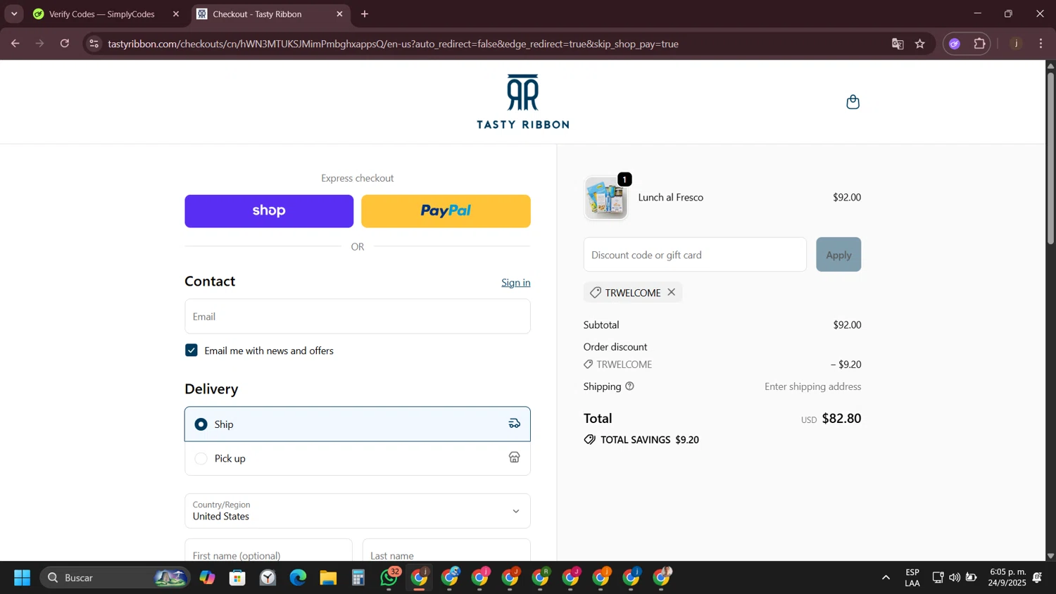 Tasty Ribbon discount code screenshot showing code TRWELCOME applied at Tasty Ribbon checkout page. Uploaded by SimplyCodes community member VictoriousVirtuoso7711 on Sep 24, 2025