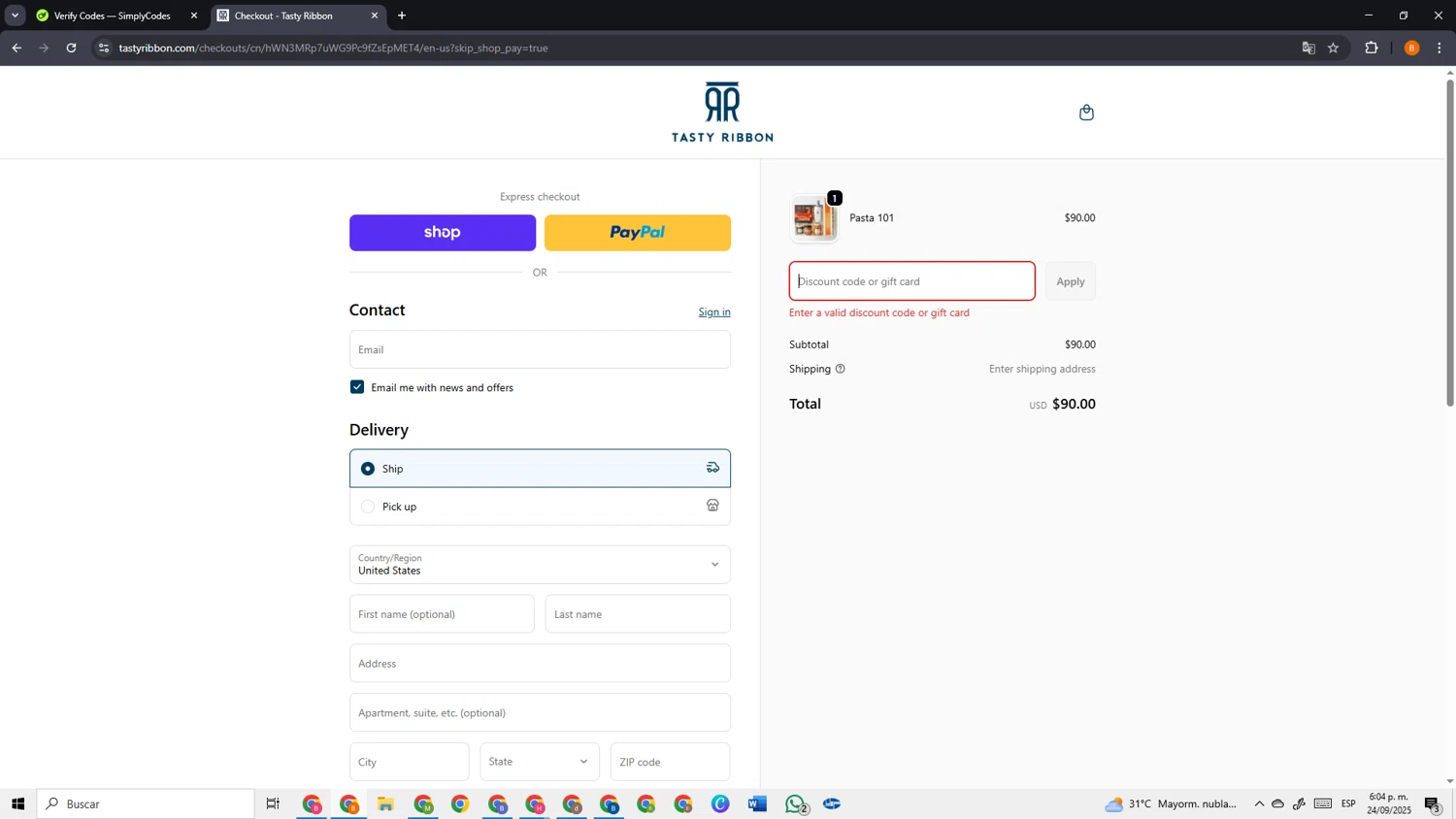 Tasty Ribbon discount code screenshot showing code TRWELCOME applied at Tasty Ribbon checkout page. Uploaded by SimplyCodes community member VoucherSage2253 on Sep 24, 2025