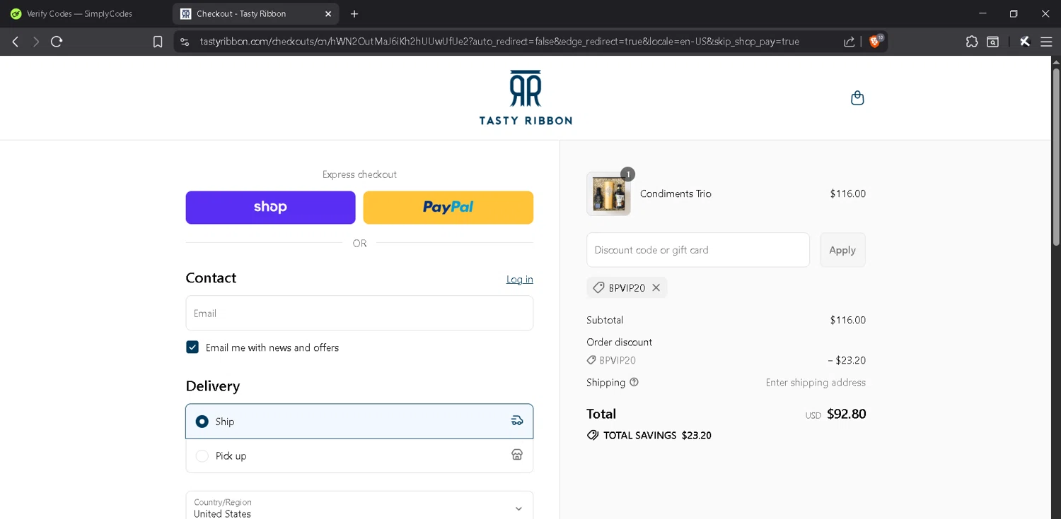 Tasty Ribbon discount code screenshot showing code BPVIP20 applied at Tasty Ribbon checkout page. Uploaded by SimplyCodes community member MadaraUchiha07 on Aug 30, 2025