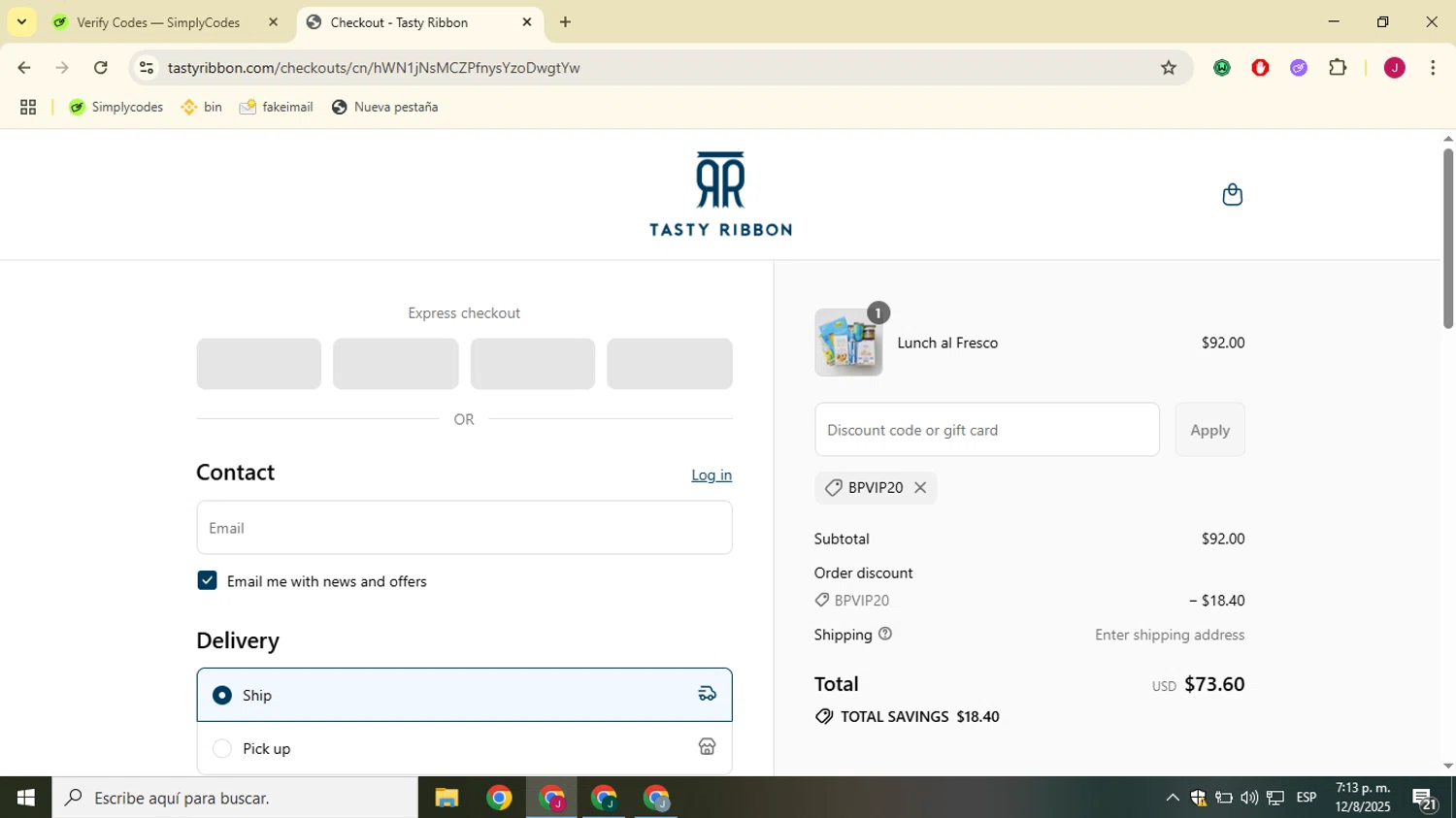 Tasty Ribbon discount code screenshot showing code BPVIP20 applied at Tasty Ribbon checkout page. Uploaded by SimplyCodes community member SavvyChaser3144 on Aug 12, 2025