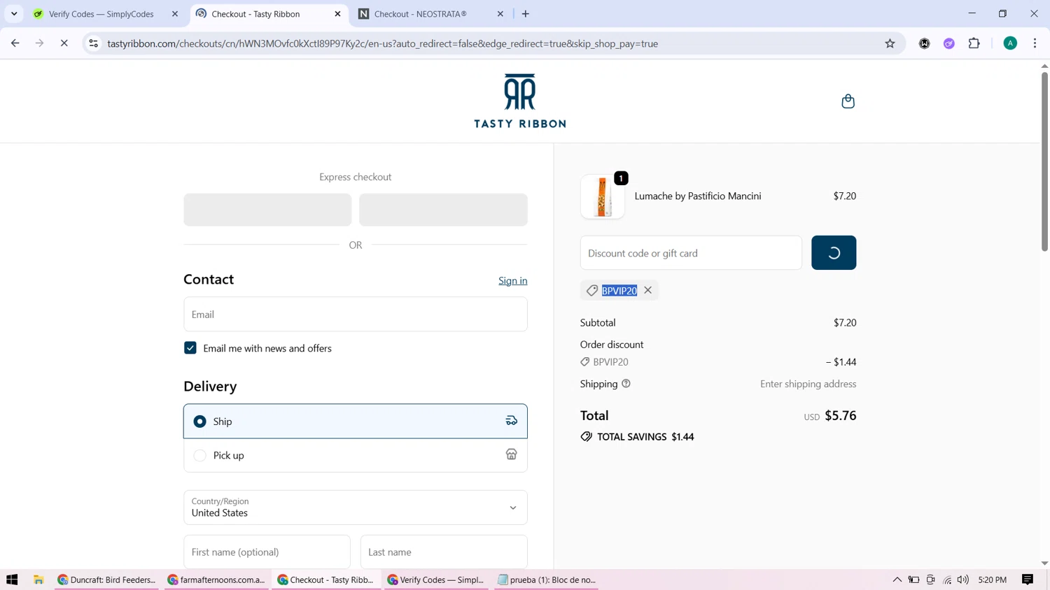 Tasty Ribbon discount code screenshot showing code BPVIP20 applied at Tasty Ribbon checkout page. Uploaded by SimplyCodes community member ShieldHunter3846 on Sep 24, 2025