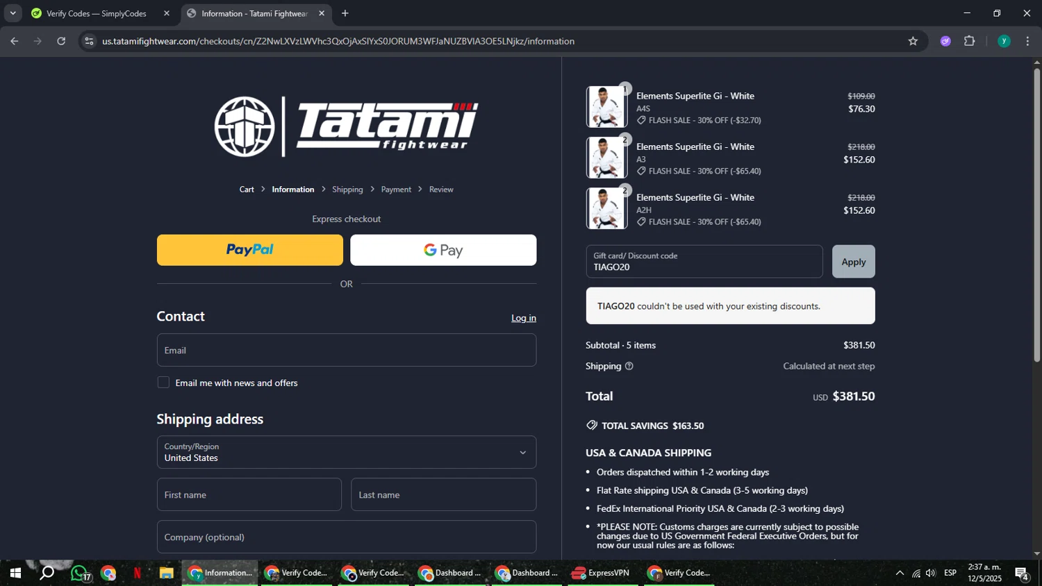 Tatami Fightwear discount code screenshot showing code TIAGO20 applied at Tatami Fightwear checkout page. Uploaded by SimplyCodes community member FrugalCaptain6906 on May 12, 2025