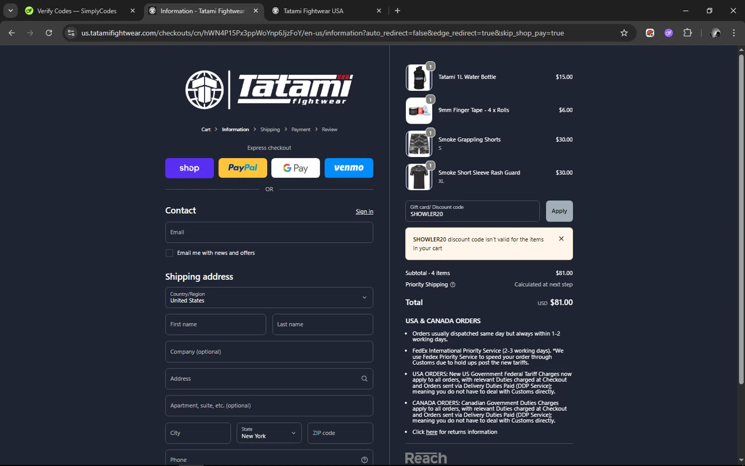 Tatami Fightwear discount code screenshot showing code SHOWLER20 applied at Tatami Fightwear checkout page. Uploaded by SimplyCodes community member ELMARRON on Oct 22, 2025