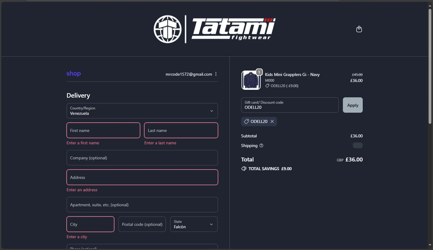 Tatami Fightwear discount code screenshot showing code ODELL20 applied at Tatami Fightwear checkout page. Uploaded by SimplyCodes community member TokioMiller on Sep 24, 2025
