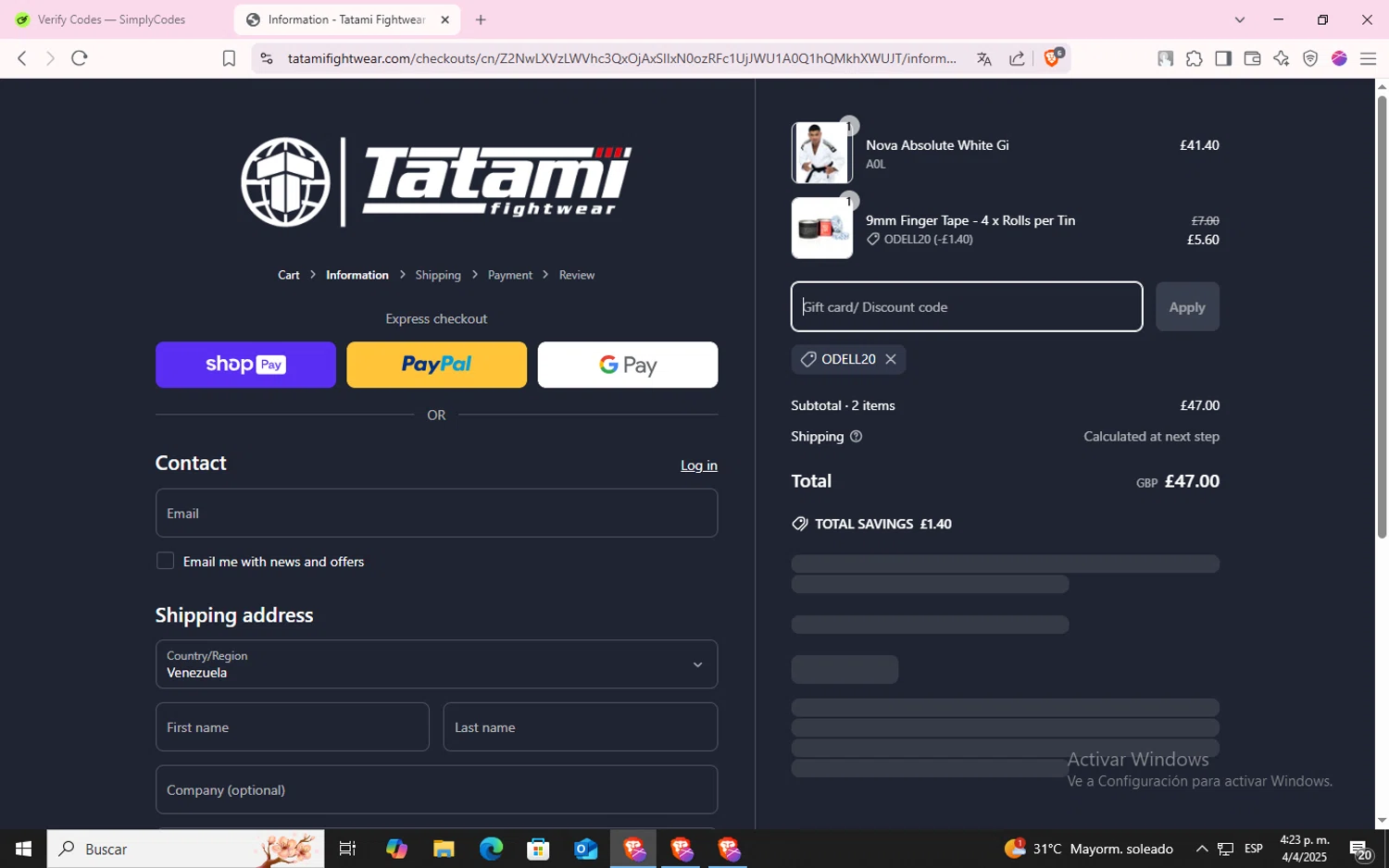 Tatami Fightwear discount code screenshot showing code ODELL20 applied at Tatami Fightwear checkout page. Uploaded by SimplyCodes community member CodeLynx5272 on Apr 4, 2025