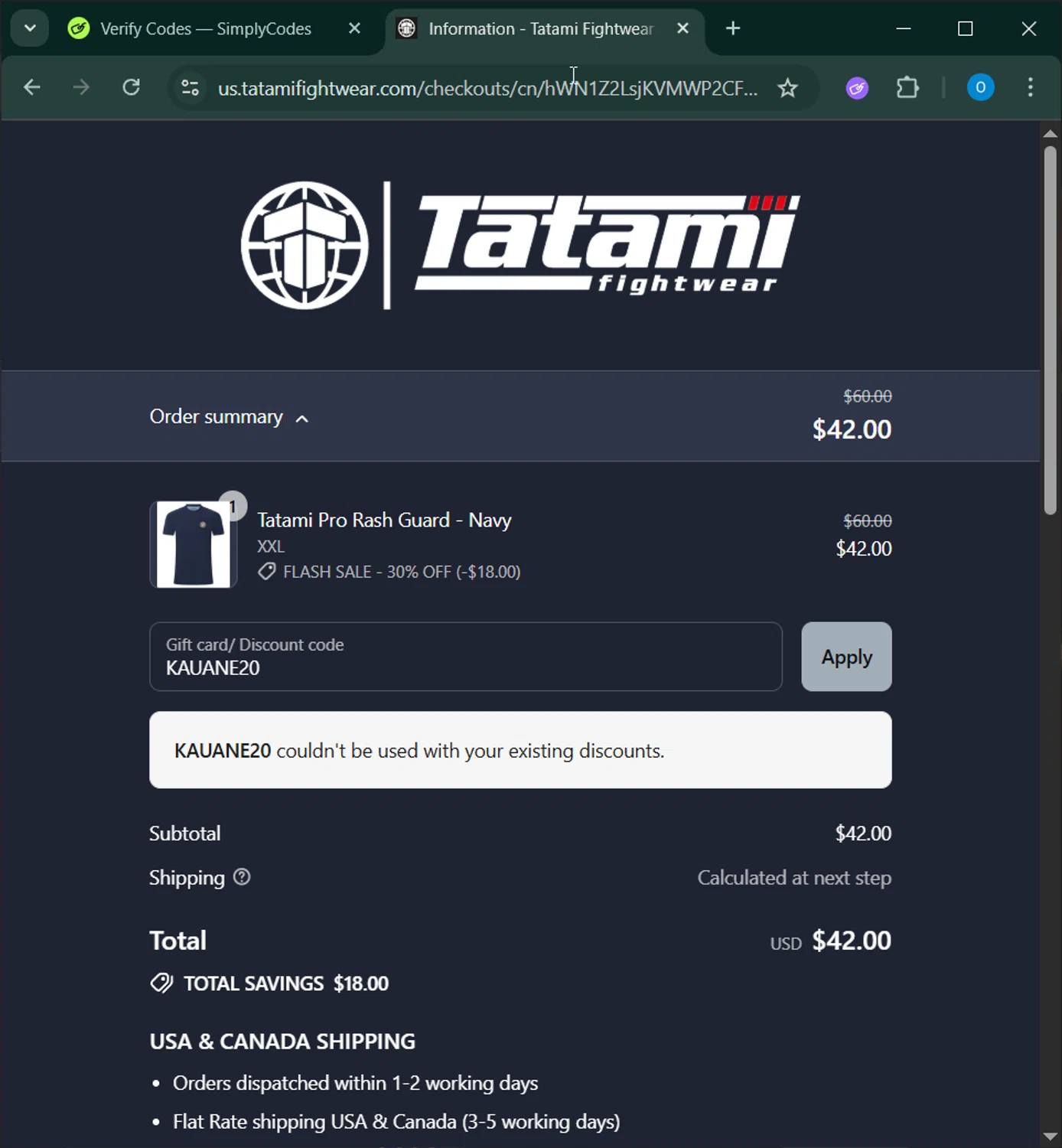 Tatami Fightwear discount code screenshot showing code KAUANE20 applied at Tatami Fightwear checkout page. Uploaded by SimplyCodes community member GoldChaser6627 on Aug 8, 2025