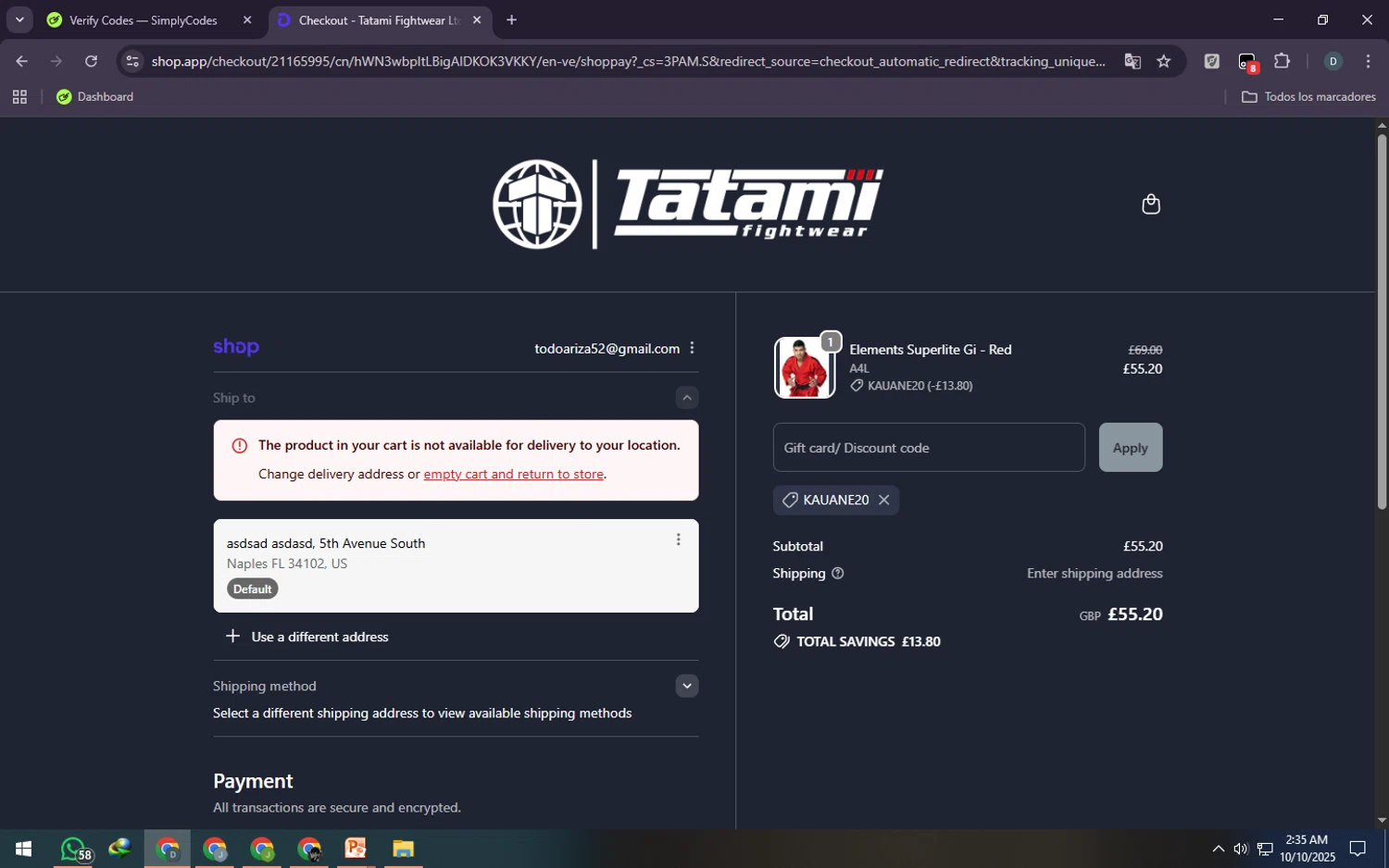 Tatami Fightwear discount code screenshot showing code KAUANE20 applied at Tatami Fightwear checkout page. Uploaded by SimplyCodes community member Rei_Chikita_uwu on Oct 10, 2025