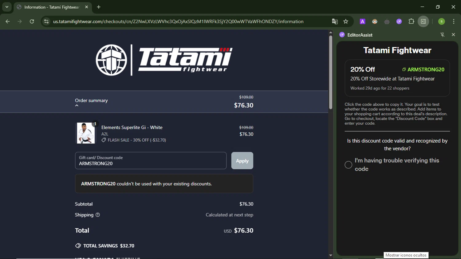 Tatami Fightwear discount code screenshot showing code ARMSTRONG20 applied at Tatami Fightwear checkout page. Uploaded by SimplyCodes community member GoldPro6514 on Apr 30, 2025