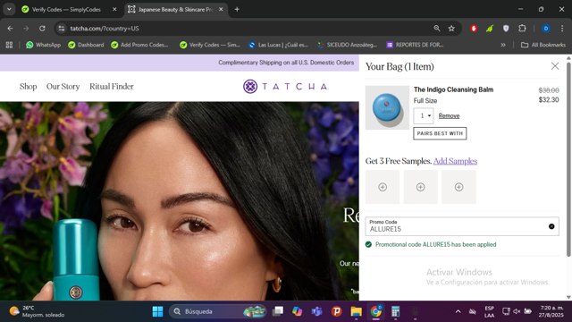 Tatcha checkout page showing Tatcha promo code box | Screenshot taken by SimplyCodes community member on Aug 27, 2025
