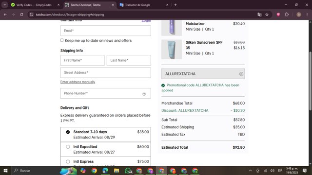 Tatcha checkout page showing Tatcha promo code box | Screenshot taken by SimplyCodes community member on Aug 19, 2025