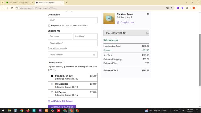 Tatcha checkout page showing Tatcha promo code box | Screenshot taken by SimplyCodes community member on Aug 11, 2025