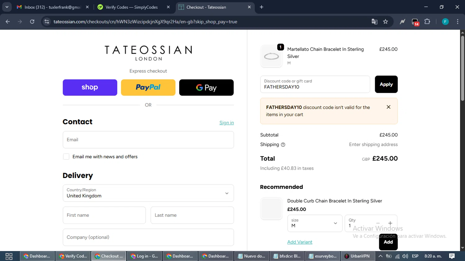 Tateossian London promo code screenshot showing code FATHERSDAY10 applied at Tateossian London checkout page. Uploaded by SimplyCodes community member ShrewdTitan3233 on Oct 11, 2025