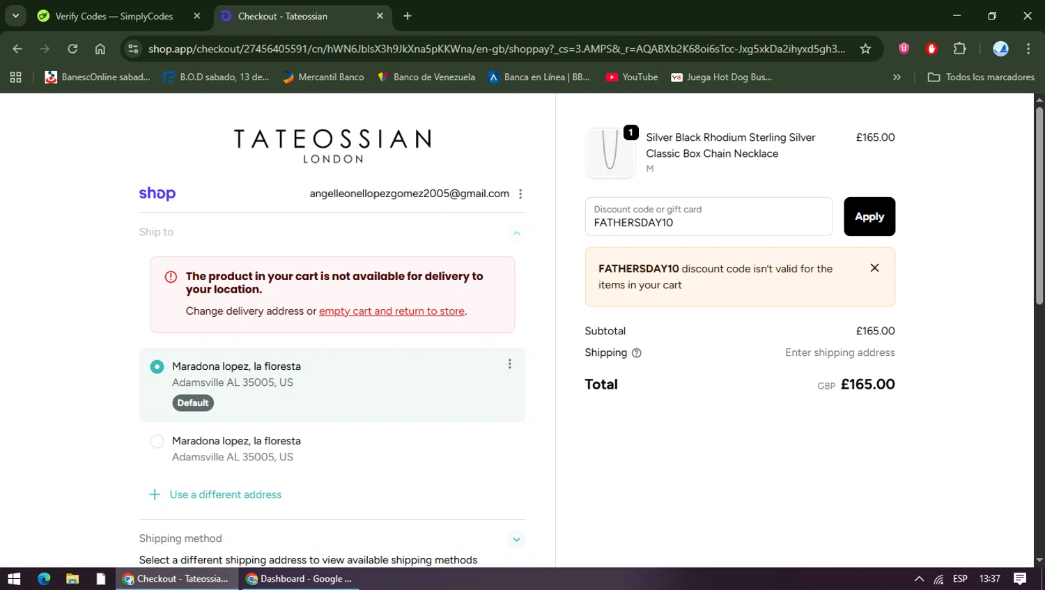 Tateossian London promo code screenshot showing code FATHERSDAY10 applied at Tateossian London checkout page. Uploaded by SimplyCodes community member TreasureShopper9156 on Dec 11, 2025