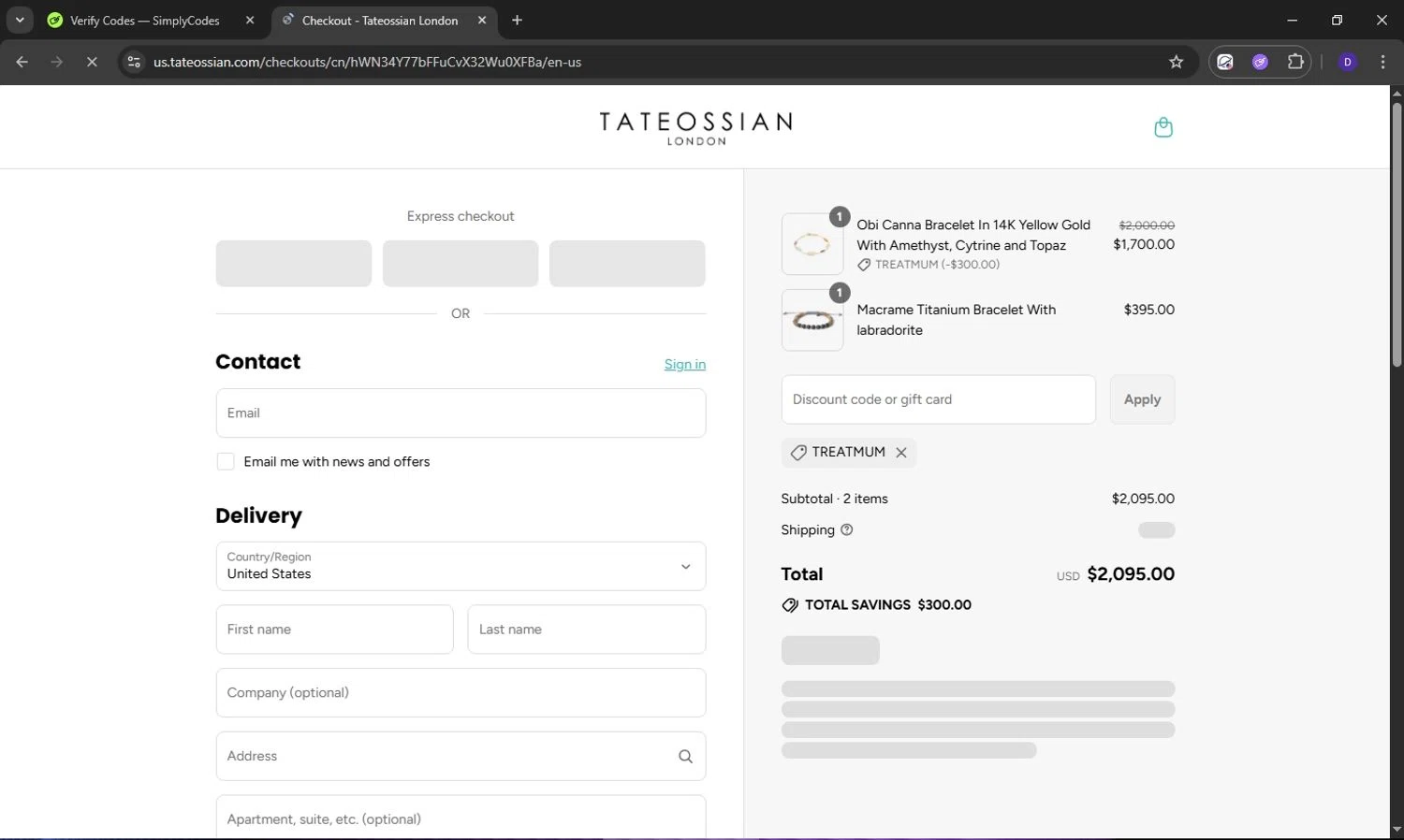 Tateossian London promo code screenshot showing code TREATMUM applied at Tateossian London checkout page. Uploaded by SimplyCodes community member Obito6245825041527 on Sep 17, 2025