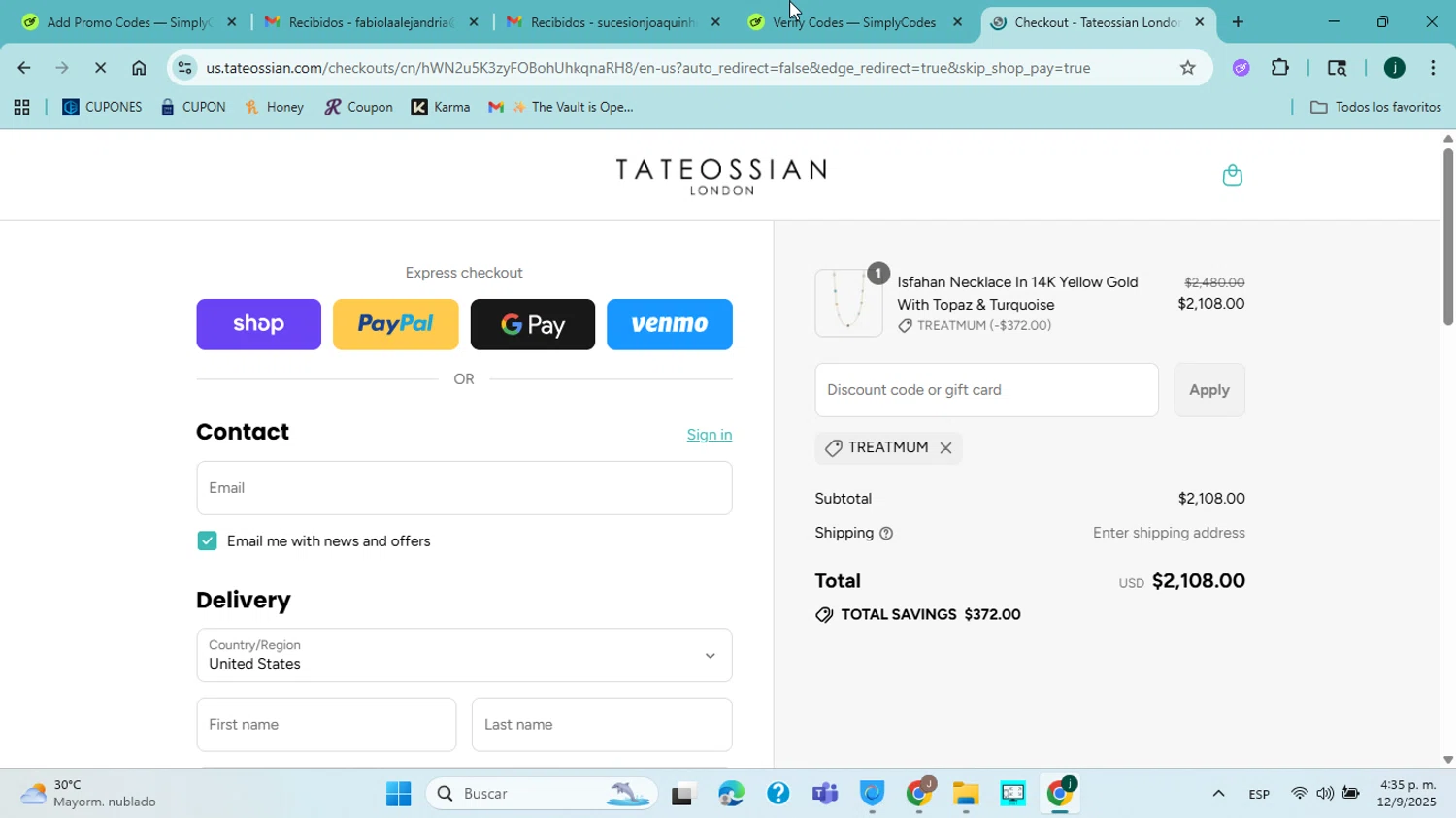 Tateossian London promo code screenshot showing code TREATMUM applied at Tateossian London checkout page. Uploaded by SimplyCodes community member jorgejavierherrera on Sep 12, 2025