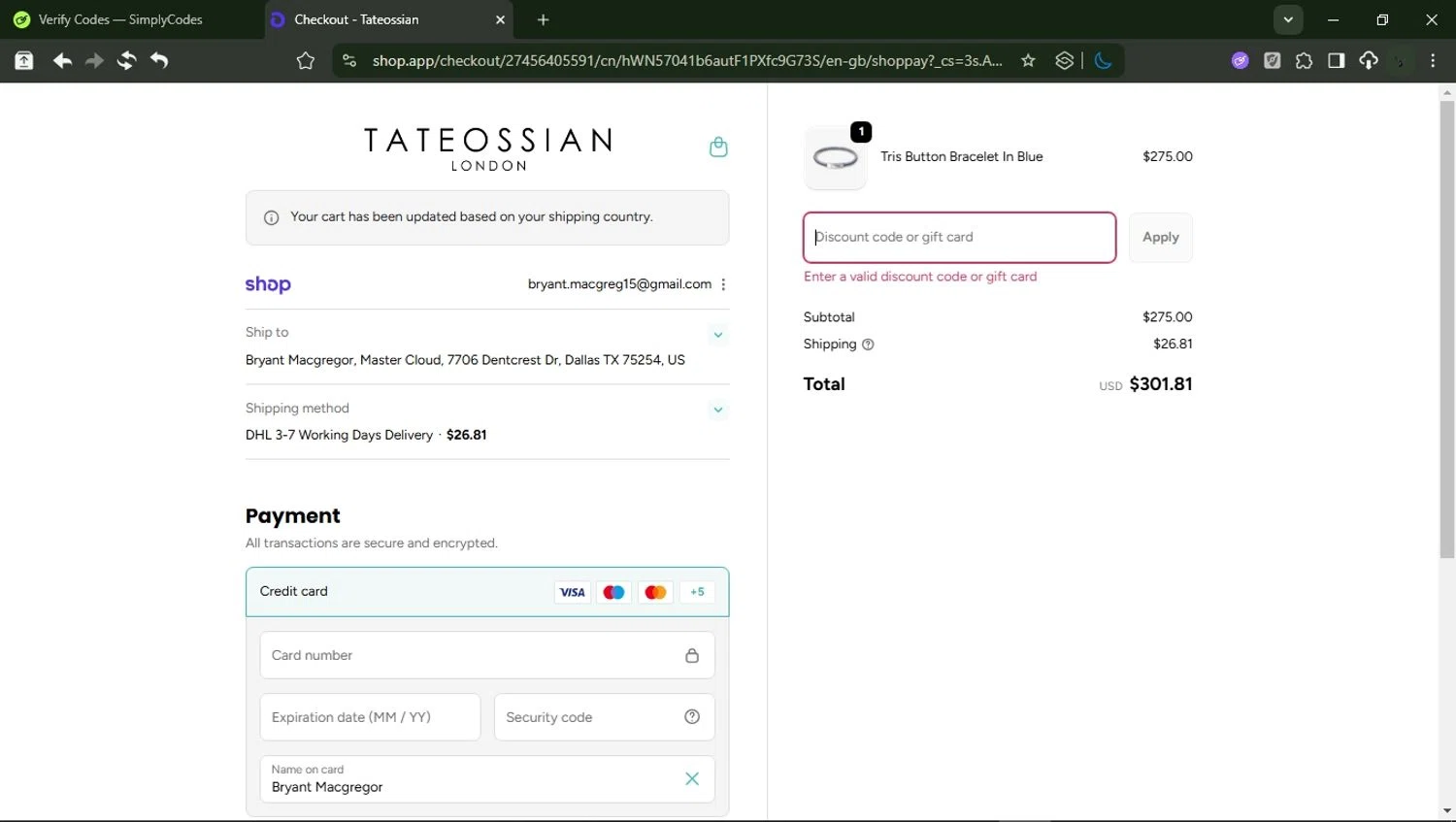 Tateossian London promo code screenshot showing code HALLOWEEN10 applied at Tateossian London checkout page. Uploaded by SimplyCodes community member RewardMonarch1185 on Nov 10, 2025