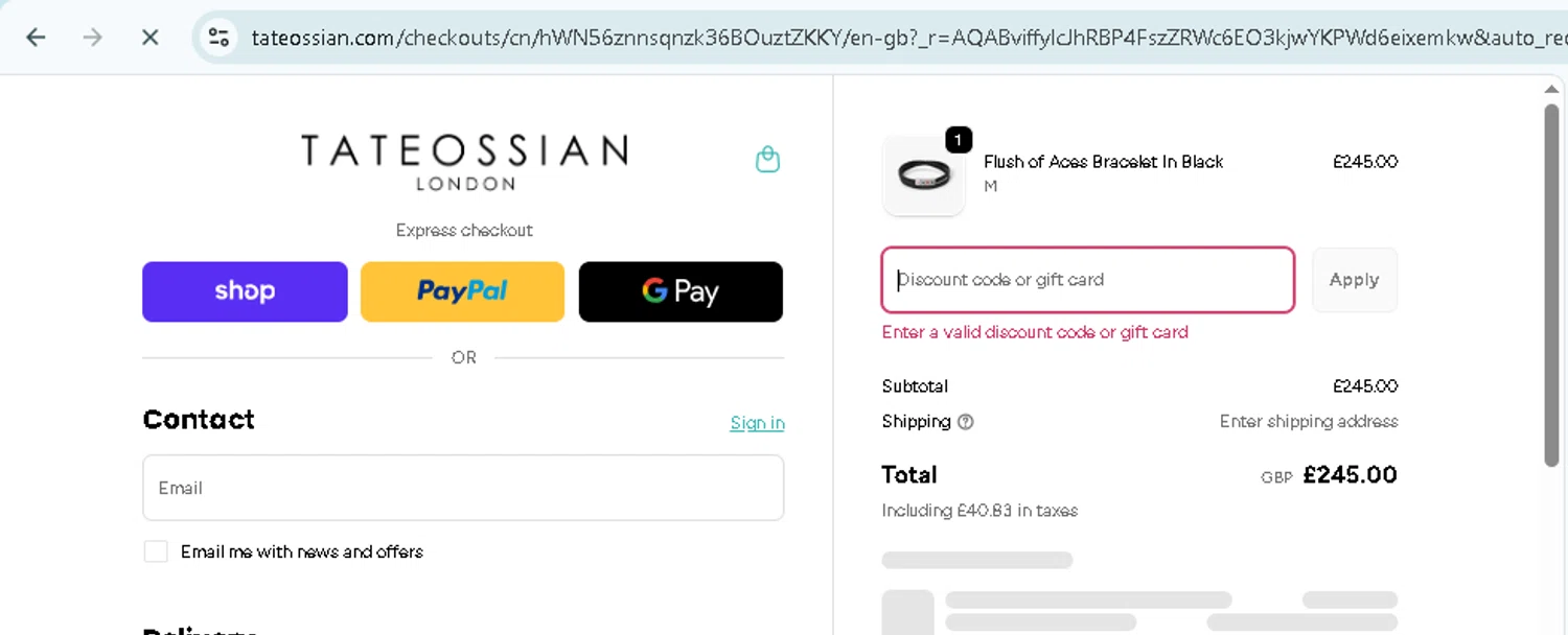 Tateossian London promo code screenshot showing code HALLOWEEN10 applied at Tateossian London checkout page. Uploaded by SimplyCodes community member TokenMonarch796 on Nov 10, 2025