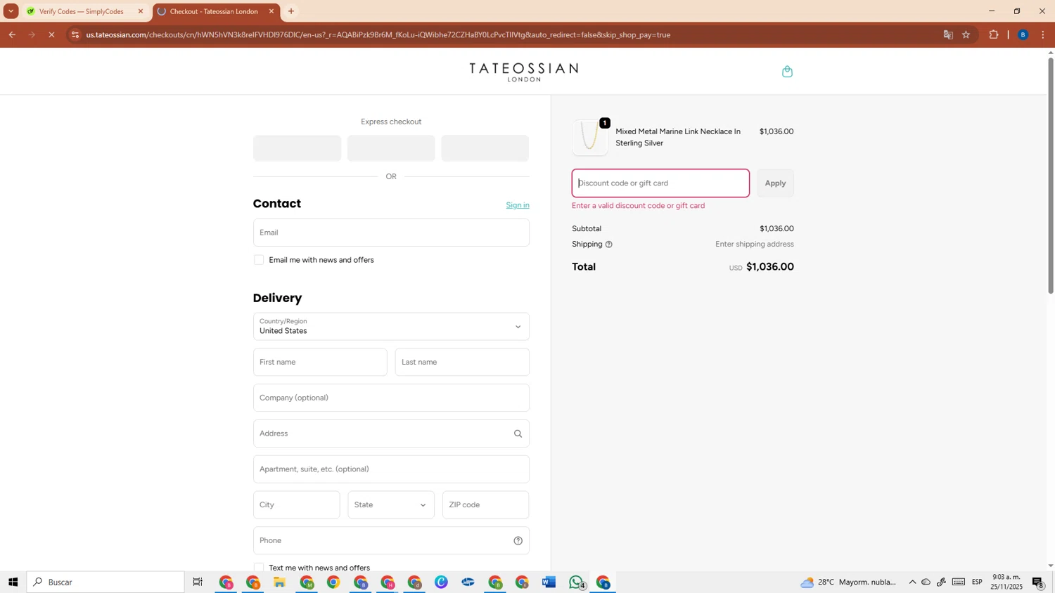 Tateossian London promo code screenshot showing code BFINSIDER10 applied at Tateossian London checkout page. Uploaded by SimplyCodes community member DiscountRanger3690 on Nov 25, 2025