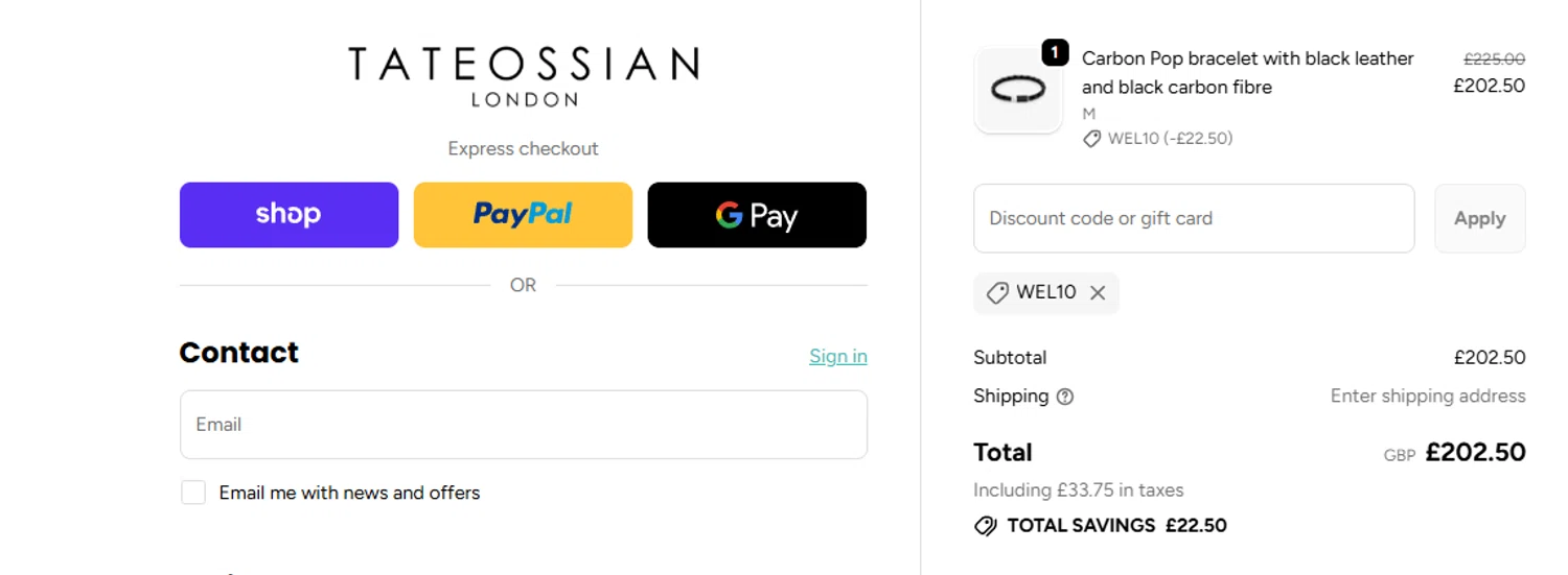 Tateossian London promo code screenshot showing code WEL10 applied at Tateossian London checkout page. Uploaded by SimplyCodes community member Quemiras on Dec 4, 2025