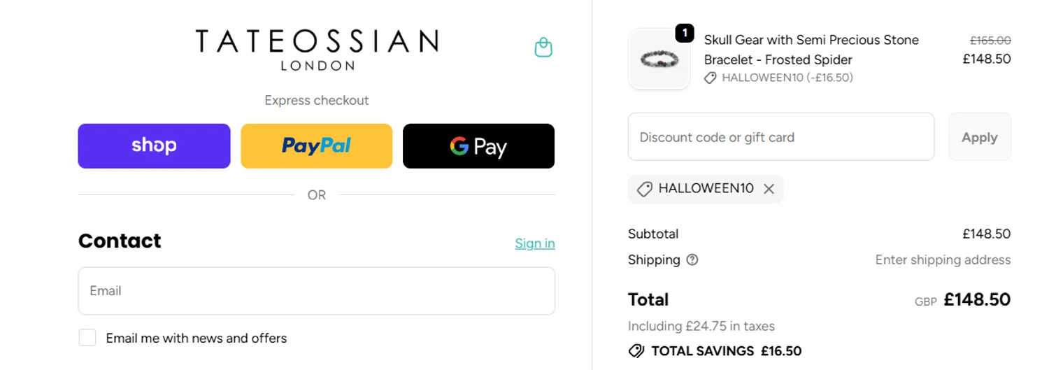 Tateossian London promo code screenshot showing code HALLOWEEN10 applied at Tateossian London checkout page. Uploaded by SimplyCodes community member jesspea on Oct 30, 2025