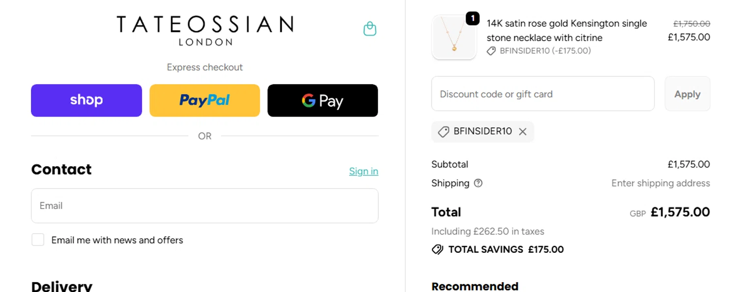 Tateossian London promo code screenshot showing code BFINSIDER10 applied at Tateossian London checkout page. Uploaded by SimplyCodes community member jesspea on Nov 17, 2025