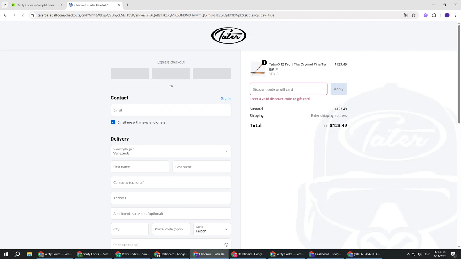 Tater Baseball discount code screenshot showing code WELCOME15 applied at Tater Baseball checkout page. Uploaded by SimplyCodes community member AberthGotopo on Nov 4, 2025