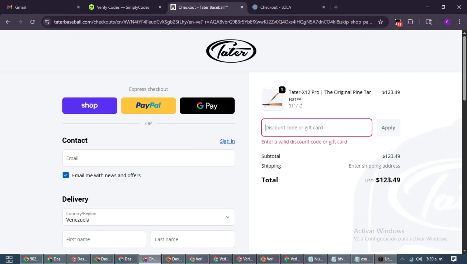 Tater Baseball discount code screenshot showing code WELCOME15 applied at Tater Baseball checkout page. Uploaded by SimplyCodes community member ShieldWarden7838 on Nov 4, 2025