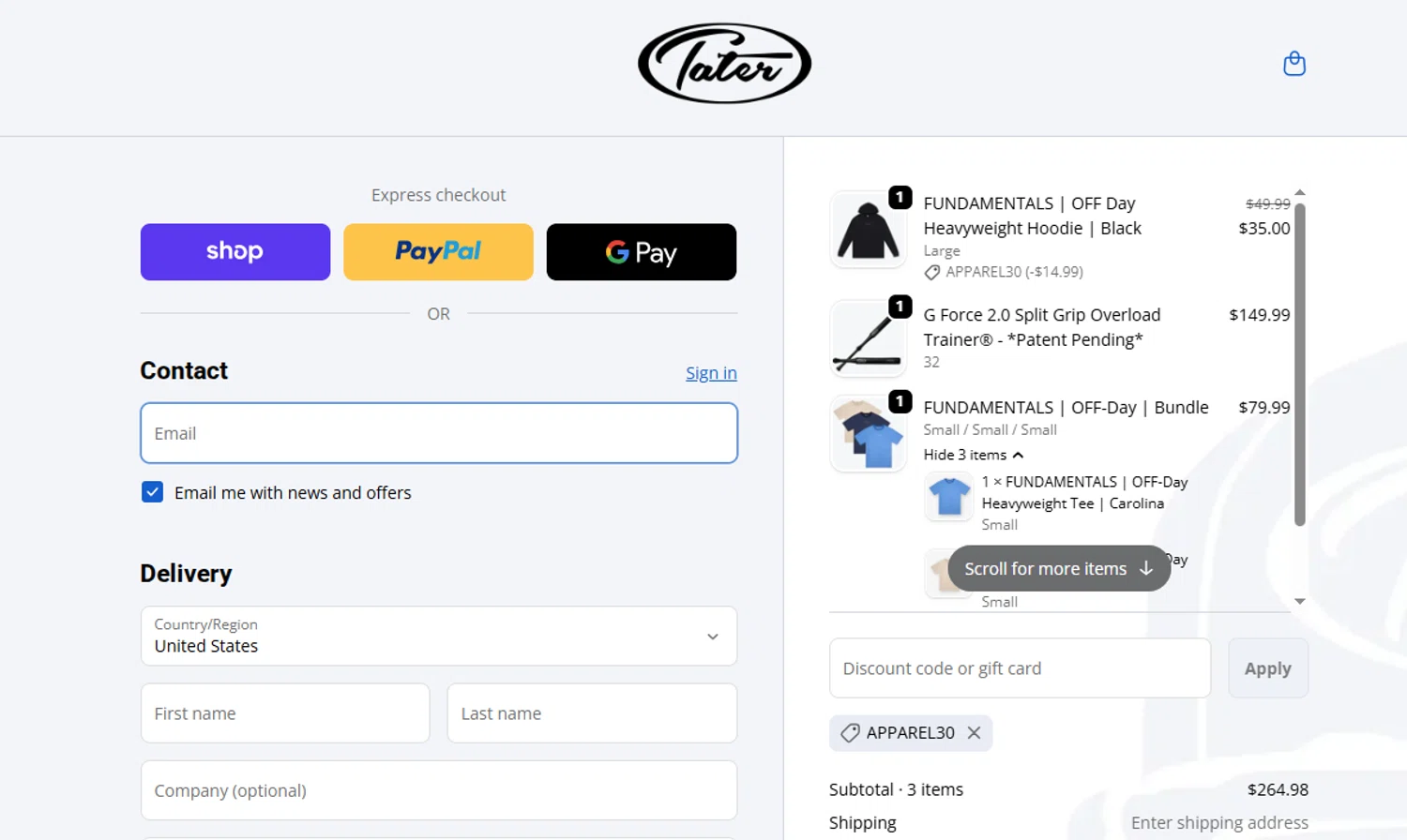 Tater Baseball discount code screenshot showing code APPAREL30 applied at Tater Baseball checkout page. Uploaded by SimplyCodes community member Dallas on Dec 11, 2025