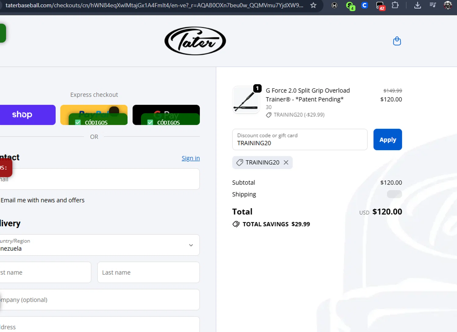 Tater Baseball discount code screenshot showing code TRAINING20 applied at Tater Baseball checkout page. Uploaded by SimplyCodes community member Jmhernand1 on Jan 27, 2026