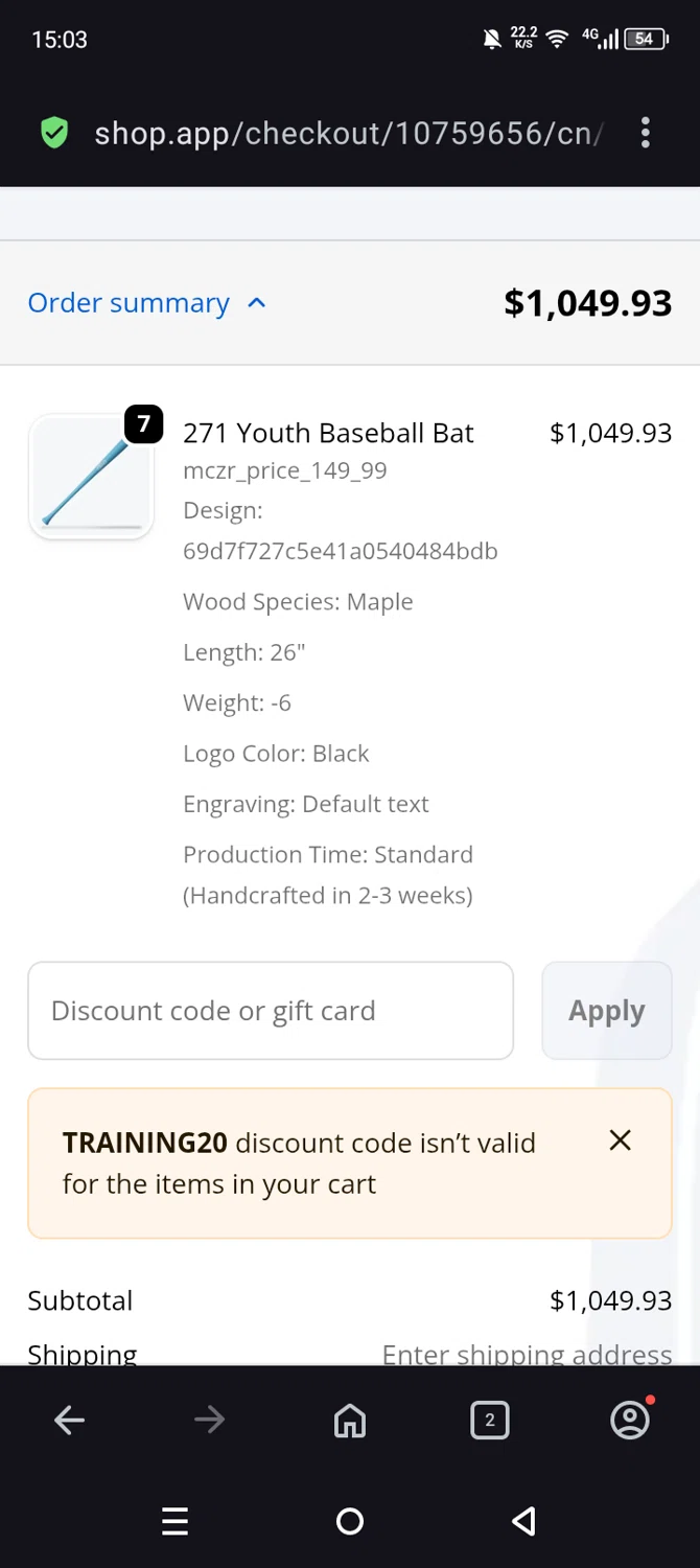 Tater Baseball promo code screenshot showing code Training20 applied at Tater Baseball checkout page. Uploaded by SimplyCodes community member Olivatle37 on Apr 9, 2026