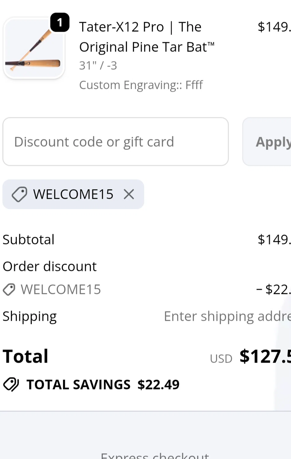 Tater Baseball discount code screenshot showing code Welcome15 applied at Tater Baseball checkout page. Uploaded by SimplyCodes community member chepipi on Dec 27, 2025