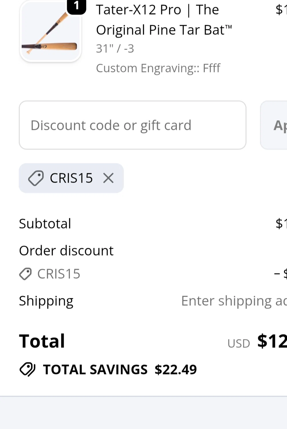 Tater Baseball discount code screenshot showing code Cris15 applied at Tater Baseball checkout page. Uploaded by SimplyCodes community member chepipi on Dec 27, 2025