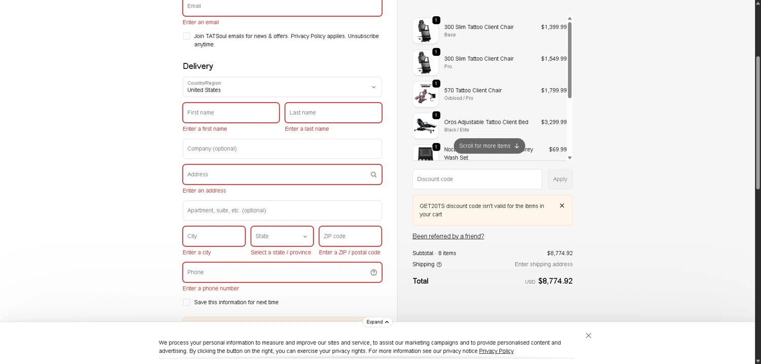 TATSoul checkout page showing TATSoul discount code box | Screenshot taken by SimplyCodes community member on Feb 16, 2026