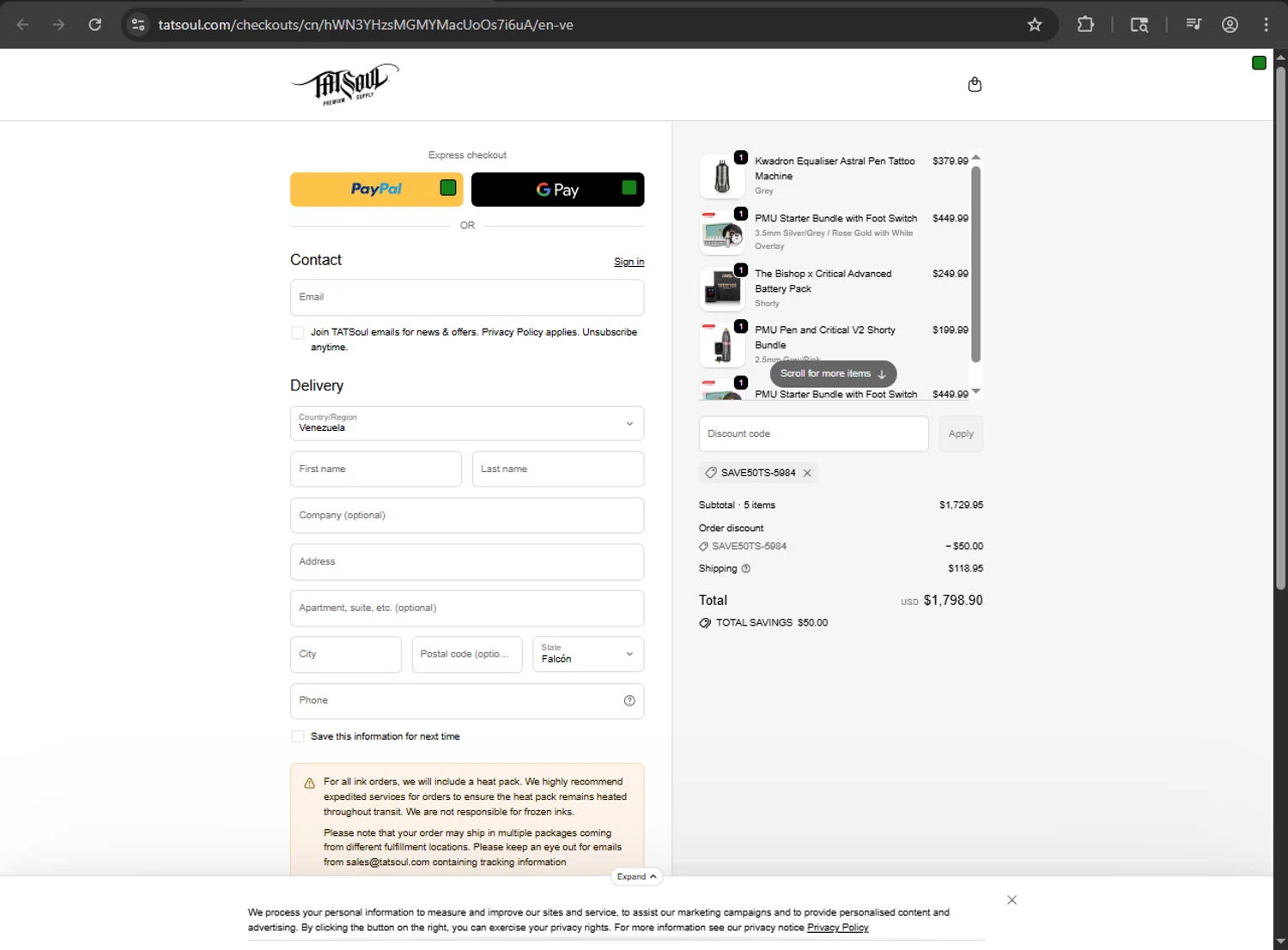 TATSoul discount code screenshot showing code SAVE50TS-5984 applied at TATSoul checkout page. Uploaded by SimplyCodes community member RINITOSHI on Sep 29, 2025