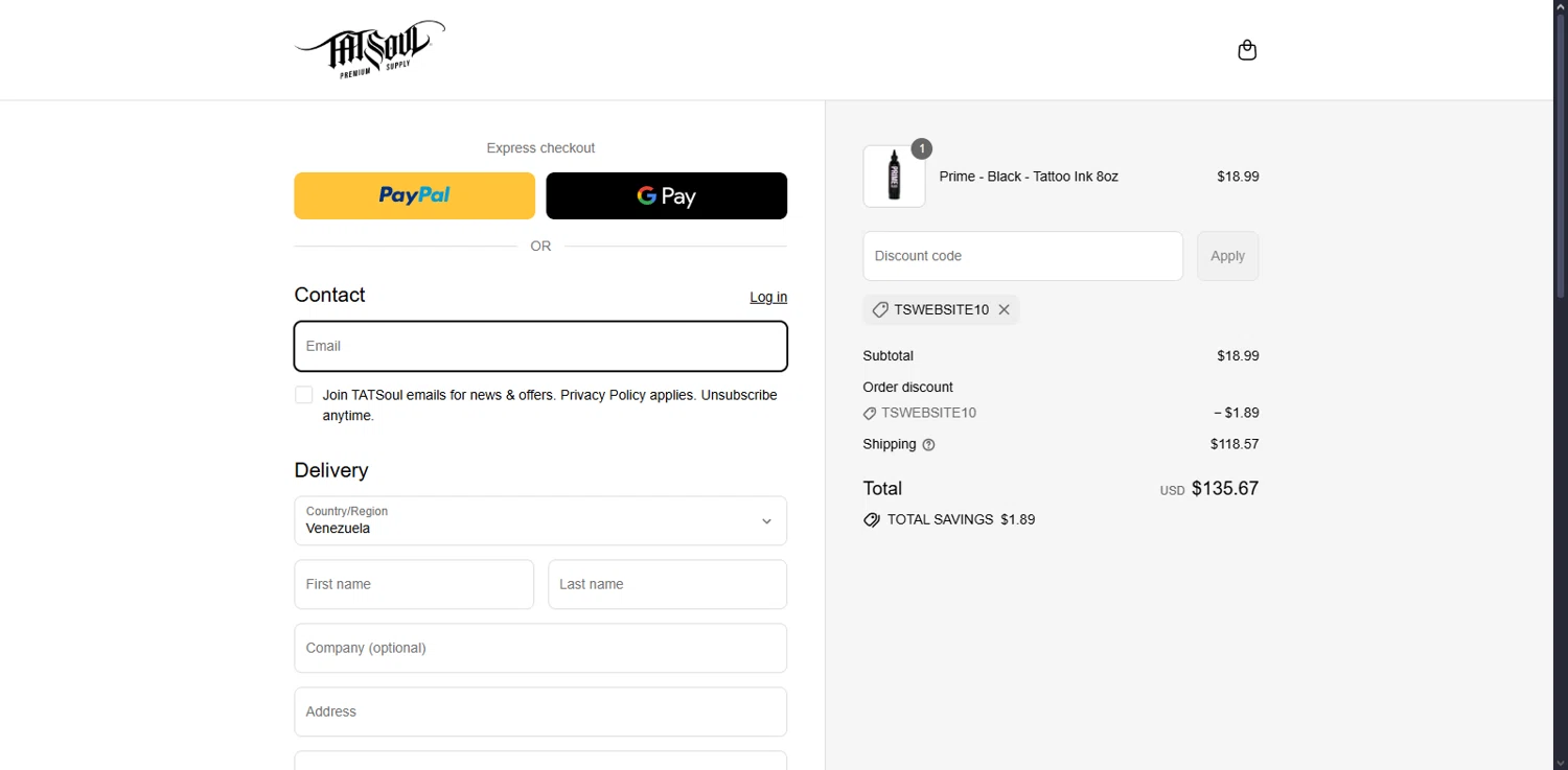 TATSoul discount code screenshot showing code TSWEBSITE10 applied at TATSoul checkout page. Uploaded by SimplyCodes community member Serdanvz on Aug 27, 2025