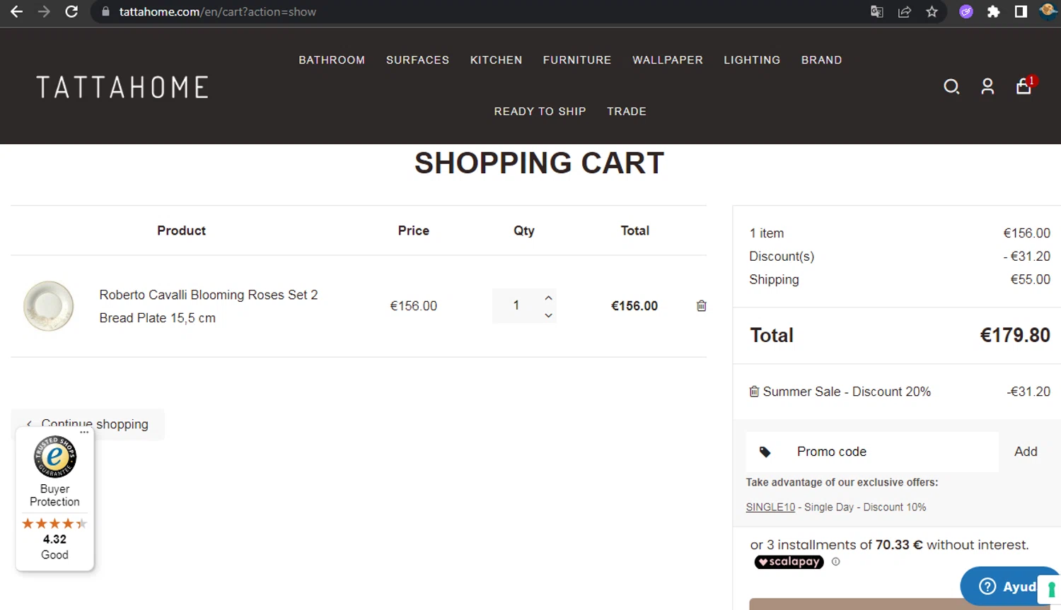 Tattahome checkout page showing Tattahome promo code box | Screenshot taken by SimplyCodes community member on Aug 5, 2025