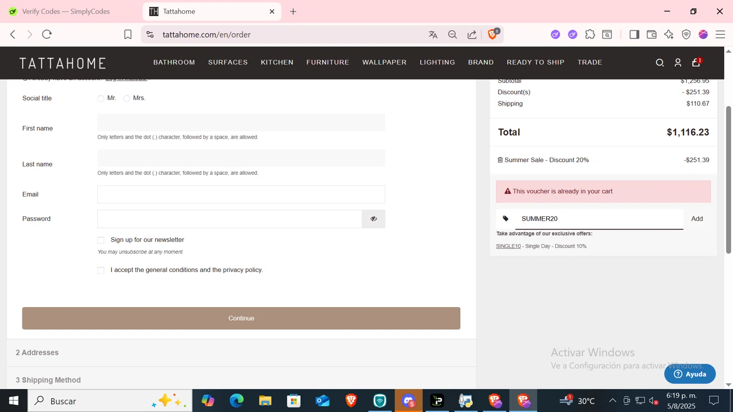 Tattahome checkout page showing Tattahome promo code box | Screenshot taken by SimplyCodes community member on Aug 5, 2025