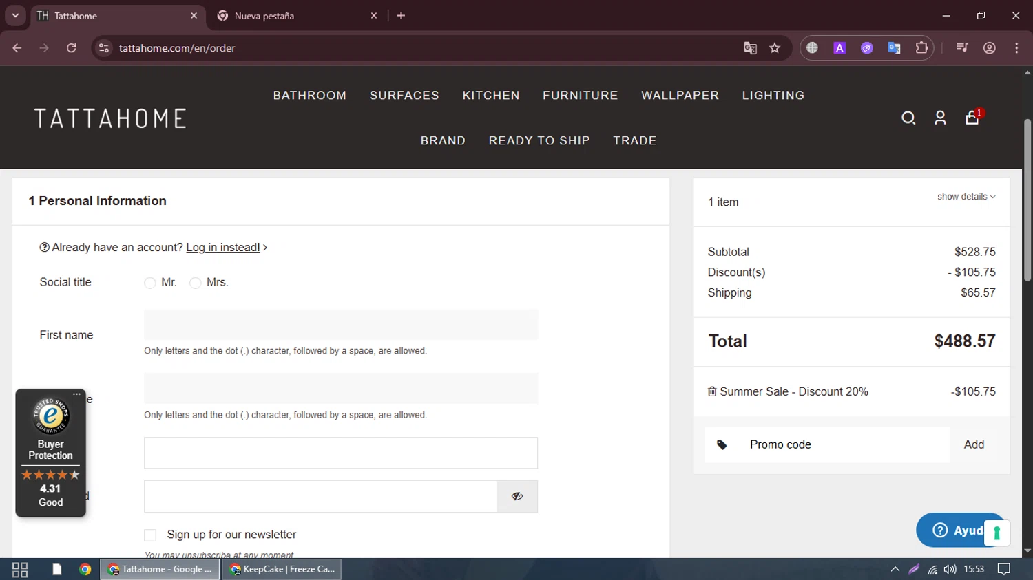 Tattahome checkout page showing Tattahome promo code box | Screenshot taken by SimplyCodes community member on Jul 23, 2025