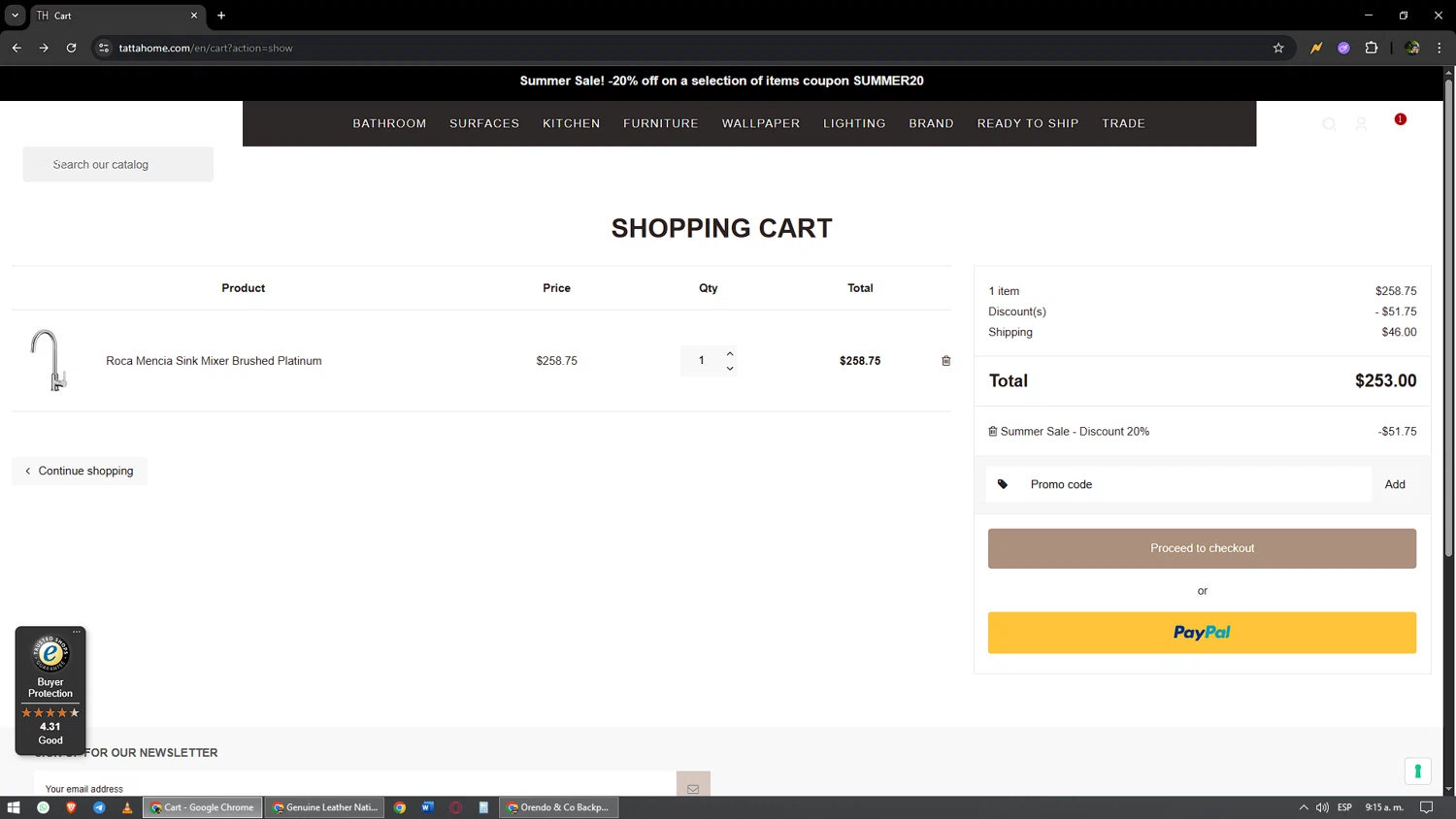 Tattahome checkout page showing Tattahome promo code box | Screenshot taken by SimplyCodes community member on Sep 3, 2025