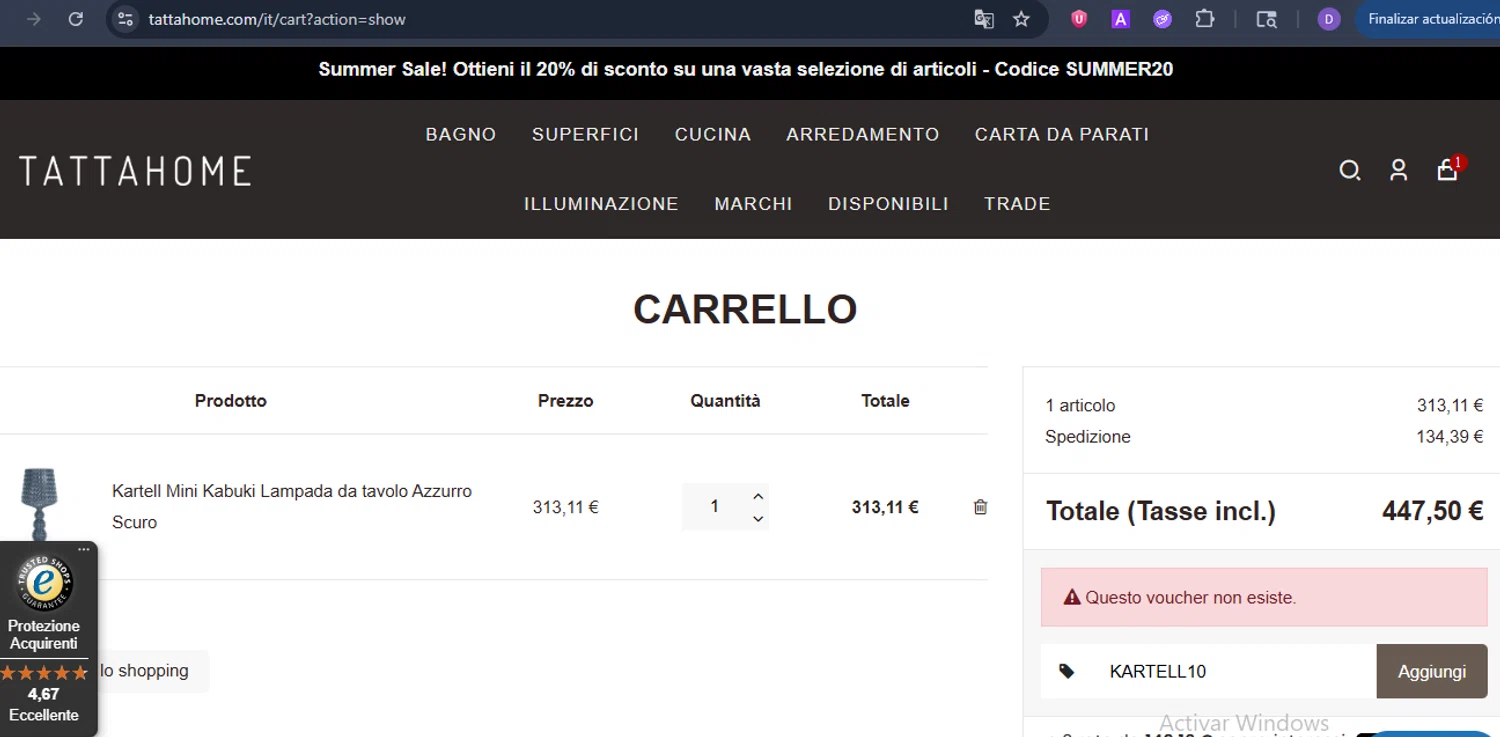 Tattahome promo code screenshot showing code KARTELL10 applied at Tattahome checkout page. Uploaded by SimplyCodes community member ShieldCurator2100 on Jul 26, 2025