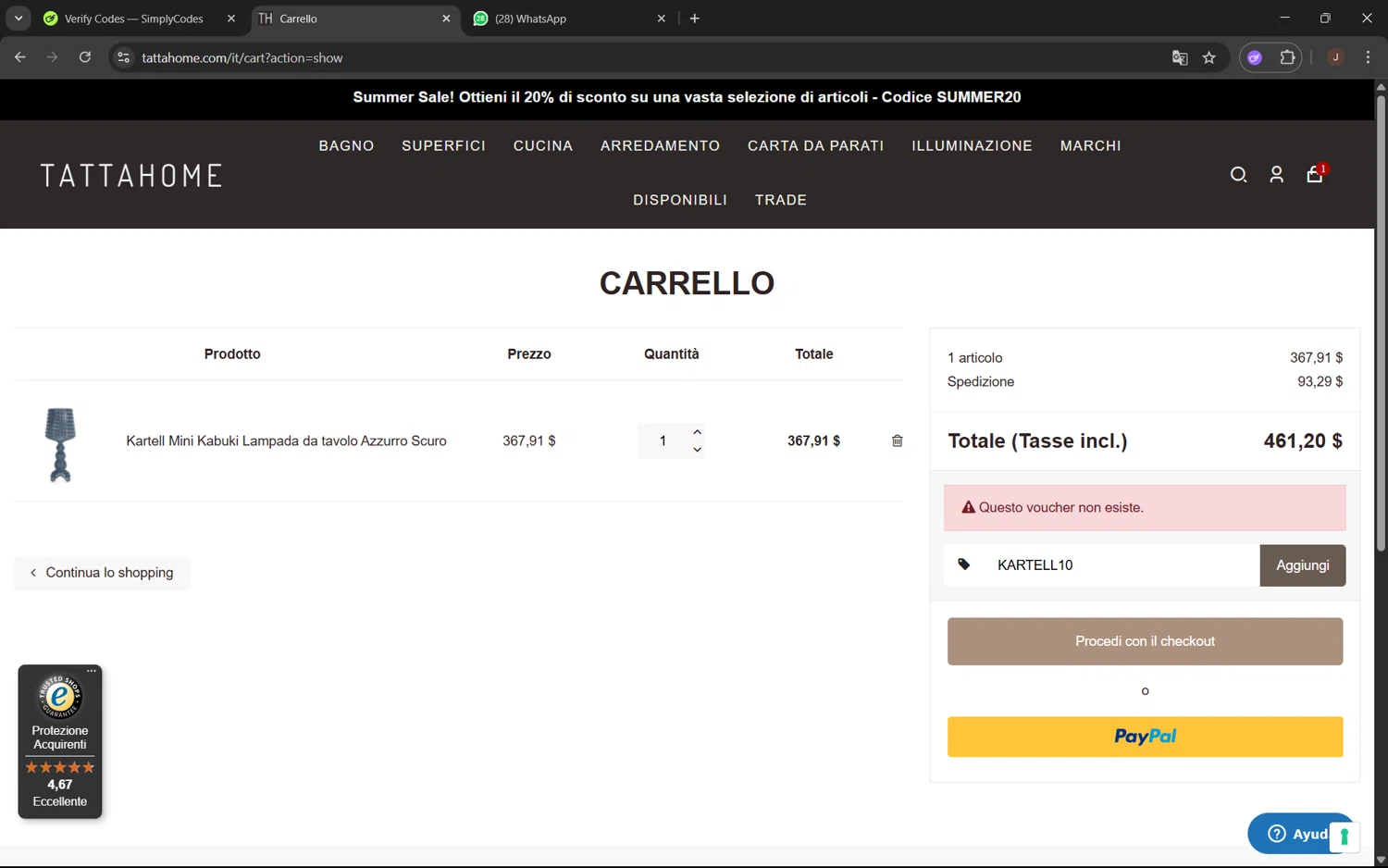 Tattahome promo code screenshot showing code KARTELL10 applied at Tattahome checkout page. Uploaded by SimplyCodes community member juanx1702 on Jul 26, 2025