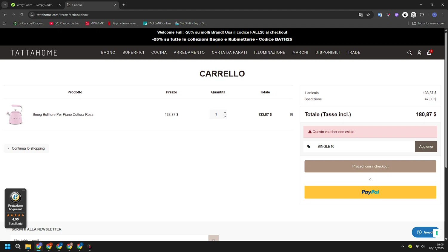 Tattahome promo code screenshot showing code SINGLE10 applied at Tattahome checkout page. Uploaded by SimplyCodes community member RoyalGuardian2978 on Oct 8, 2025