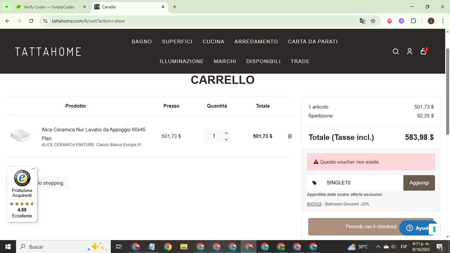 Tattahome promo code screenshot showing code SINGLE10 applied at Tattahome checkout page. Uploaded by SimplyCodes community member WonderEagle9833 on Oct 8, 2025